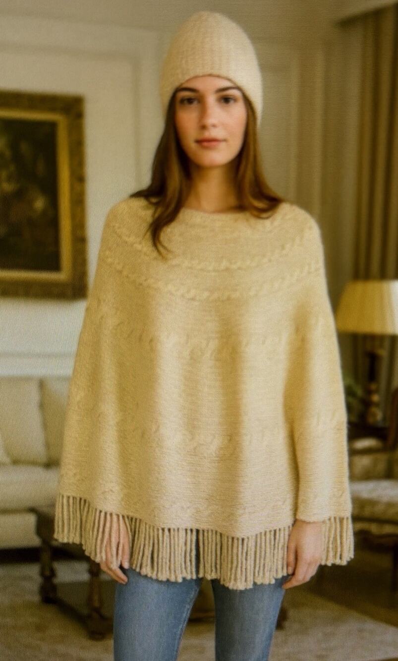 Lands End large XL Poncho Sweater Tan Pullover Cable Knit Fringe Wool Blend